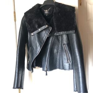 Bebe Black Faux Leather Moto Jacket with Shearling Collar